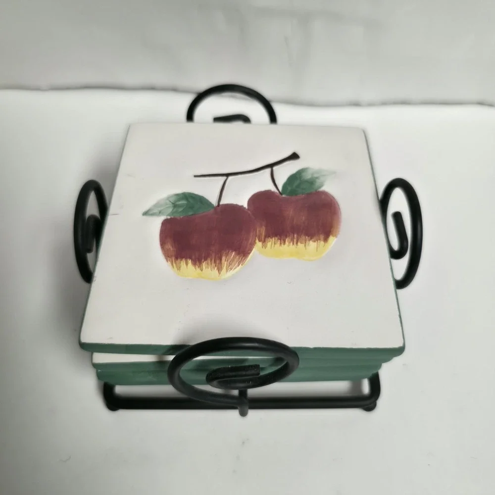 VTG Jackel Int'l Ceramic Fruit Coasters Tile Trivets W/ Metal Holder Set Of 4
